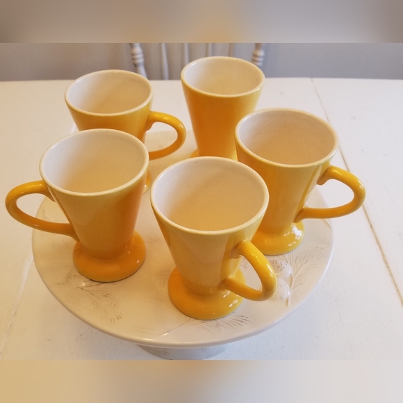 Set of 5 Made in Romania Yellow Glazed Mugs Coffee Tea Cups Conical Feet Retro - Picture 1 of 11